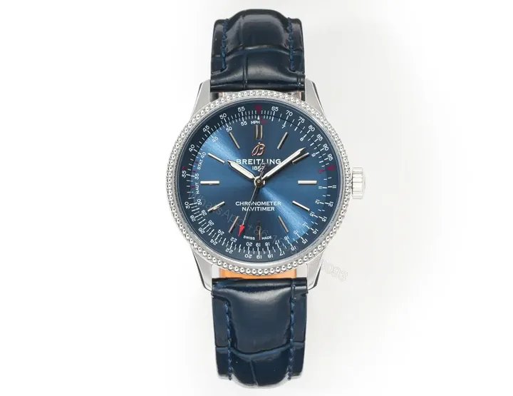 View 1 of V9 Factory Breitling Women’s Navitimer Automatic Watch – Blue Dial, Stainless Steel Case, Leather Strap