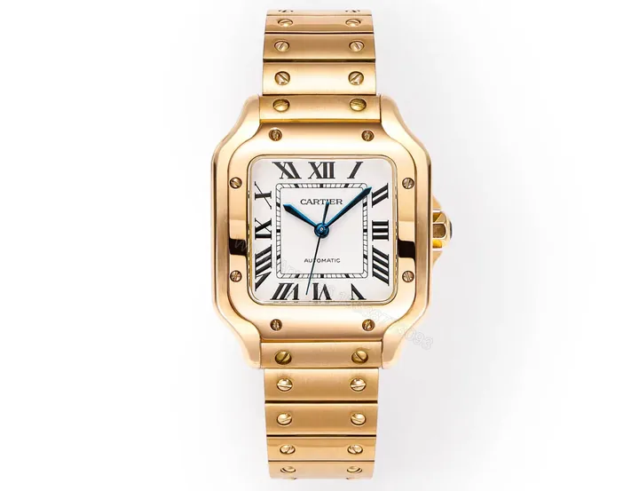 View 1 of Cartier super clone Santos White Dial Gold Bracelet 35MM Premium RG-CARTIER-SANTOS-WHT-GOLD-BRC-35