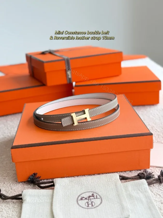 View 1 of Reversible 13mm Leather Belt with Gold Buckle - Dual-Tone Style