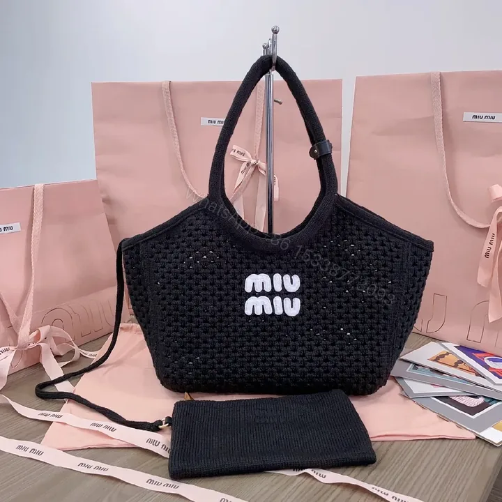 View 1 of Black Crochet Tote, Fine Knit, Minimalist, Logo Embroidery Tote Bag