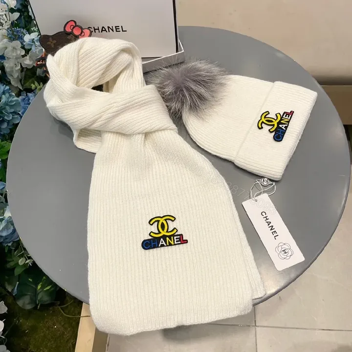 View 1 of Ivory Knit Scarf & Beanie Set: Subtle Designer Emblem