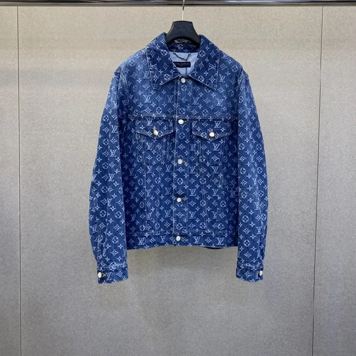 View 1 of Indigo Denim Trucker Jacket with Monogram Detail