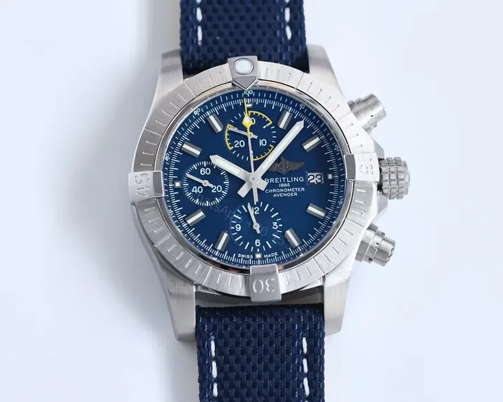 View 1 of JF Factory Breitling Avenger Chronograph 43 – Blue Dial with Blue Fabric Strap