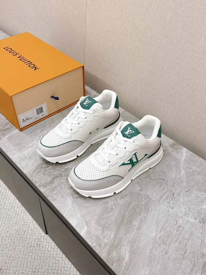View 1 of LV Women White Leather Green Accent Sneakers