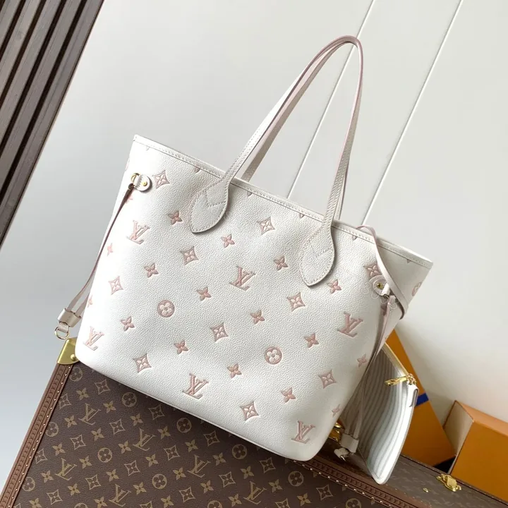 View 1 of LV NEVERFULL MM TOTE BAG 32 IN WHITE MIX PINK CALFSKIN