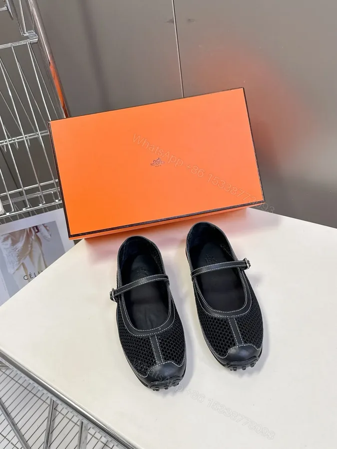 View 1 of Hermes Women Black Mesh Leather Mary Janes