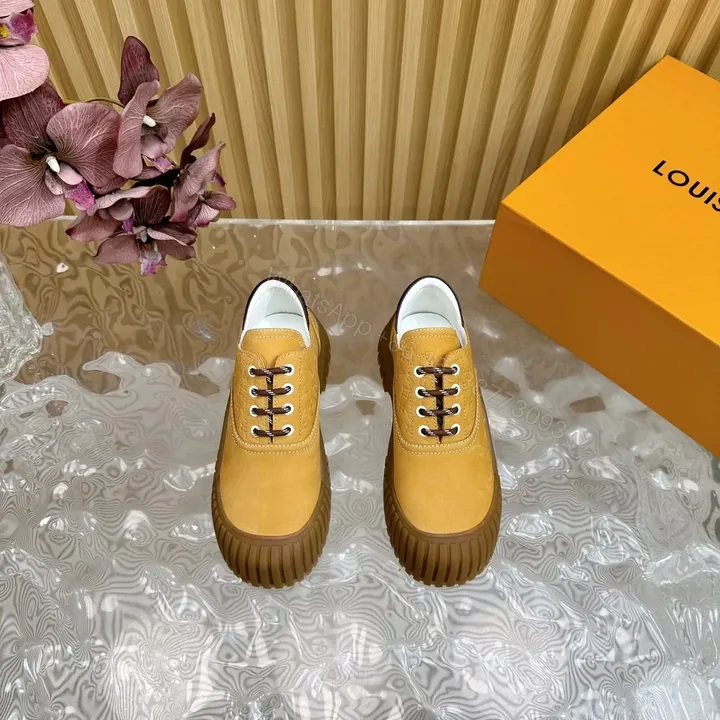 View 1 of LV Women Mustard Suede Lace-Up Sneakers