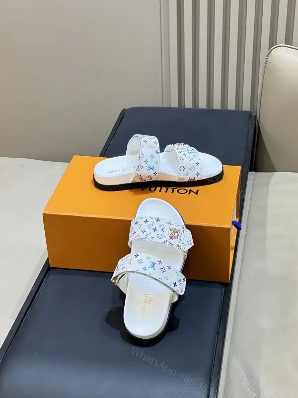 View 1 of White Multicolor LV Logo Sliders Comfort Footbed Sandals
