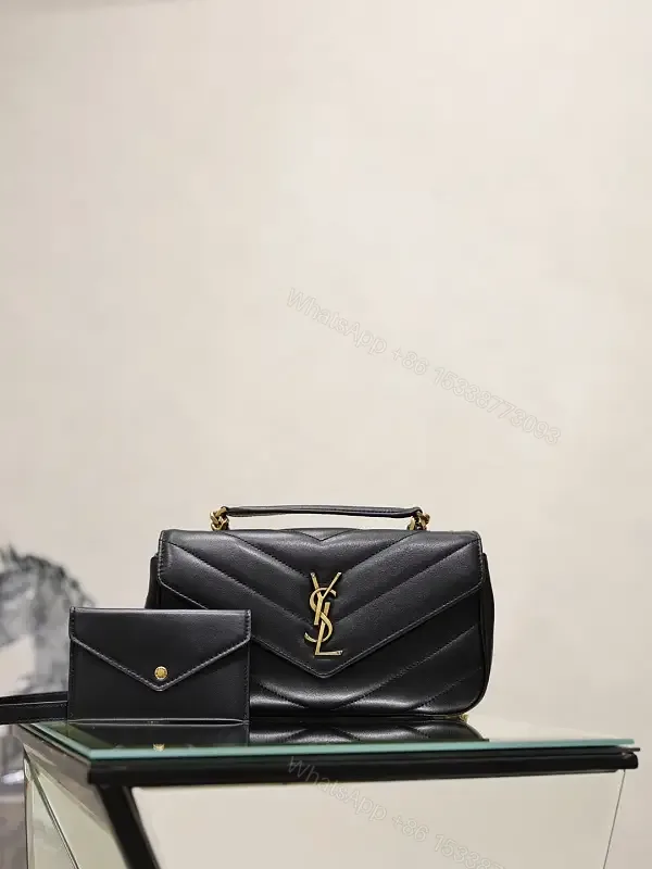 View 1 of Black Leather Structured Shoulder Bag Envelope Flap with YSL Logo Product Type