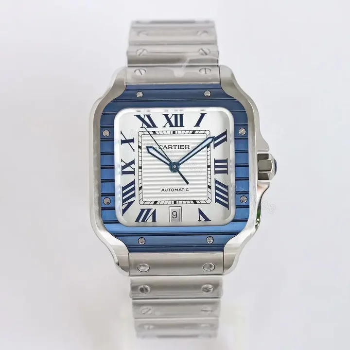 View 1 of Cartier super clone Santos Blue Bezel White Dial Steel Bracelet 40MM Premium RG-CARTIER-SANTOS-BLU-BEZ-WHT-STL-40