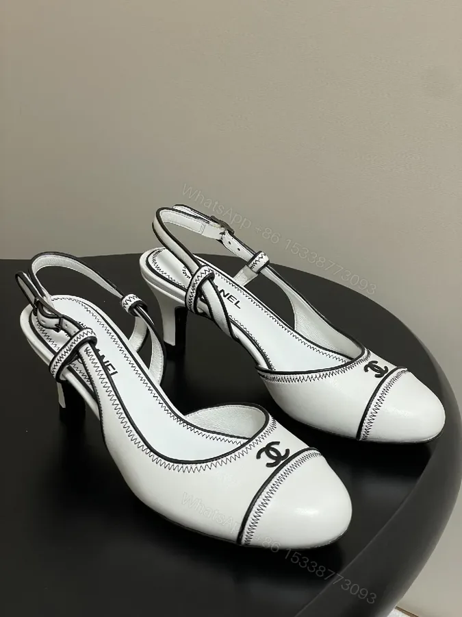 View 1 of White Leather Slingback Pumps with Contrast Stitching