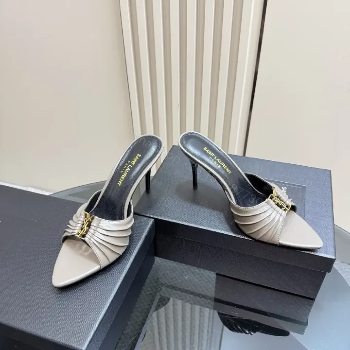 View 1 of Taupe Leather Pleated Mules: Slim Stiletto Comfort