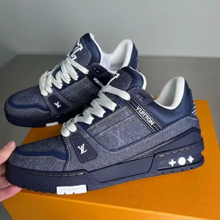 View 1 of Denim-Texture Luxury Sneaker with Signature Motifs, High-Top