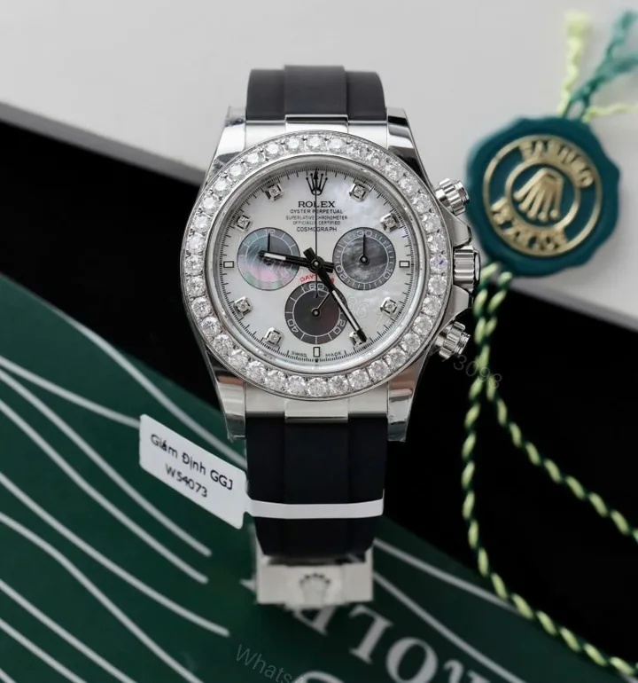 View 1 of Daytona 40mm Super Clone Mother of Pearl Number Pile Dial & Moissanite Diamond Bezel