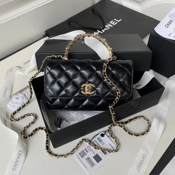 View 1 of Chanel-Inspired Quilted Black Calfskin Bag with Chain