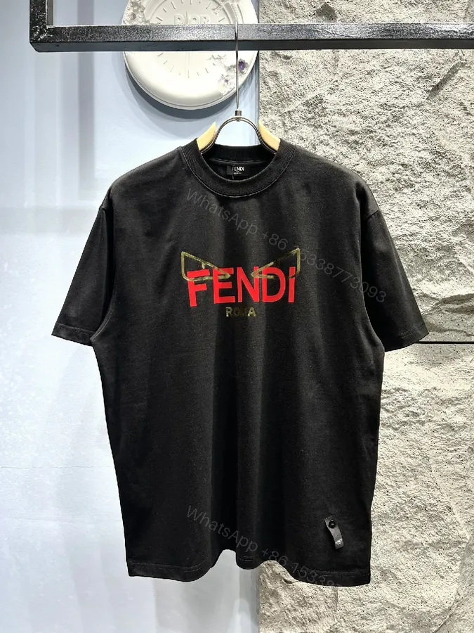 View 1 of Bold Black Tee with Red Fendi Logo Film-Glow