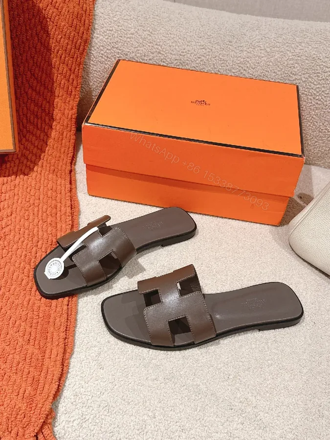 View 1 of Brown Leather H-Pattern Sandals: Luxury Comfort, Open-Toe Style