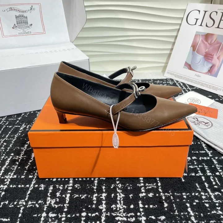 View 1 of 高仿Hermes*Kelly系列H251007Z03小牛皮高踭鞋木色4CM免檢版
