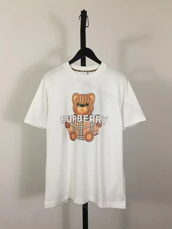 View 1 of White Cotton Tee, Burberry Bear Graphic, Relaxed Fit, Premium Comfort Tee