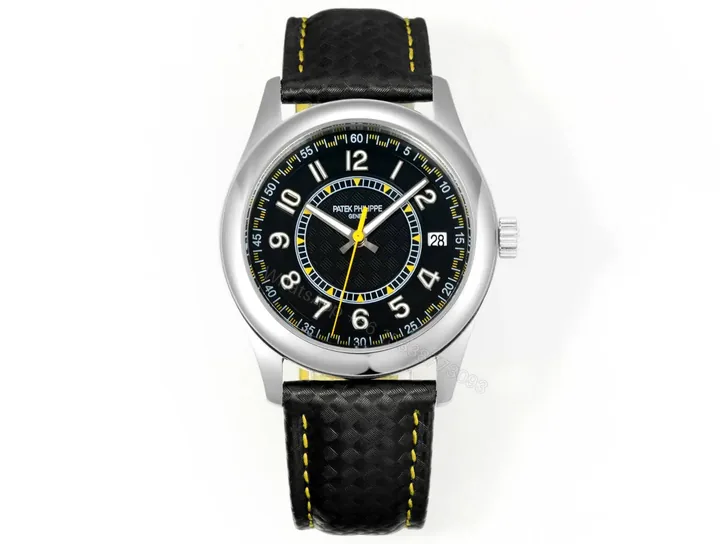 View 1 of Patek Philippe Calatrava Black Dial Stainless Steel Watch with Black Leather Strap Yellow Accents