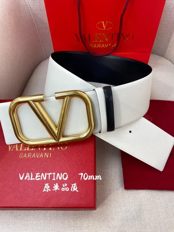 View 1 of White Leather Belt with Gold V Buckle â€“ 70mm Valentino Style