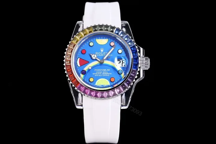 View 1 of Rolex Submariner Phantom Blue Dial Rainbow Crystal Edition White Strap 40mm RG-SUB-PHANTOM-BLUE-CARTOON
