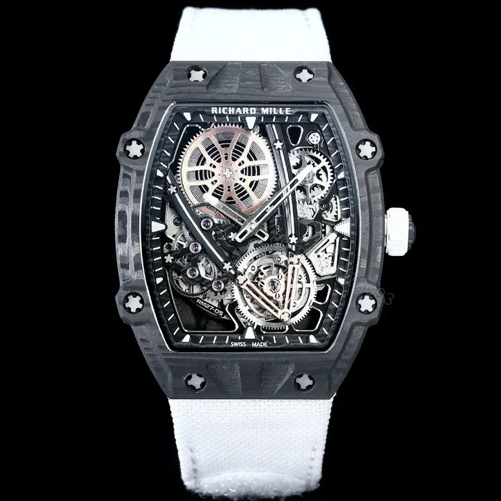 View 1 of Richard Mille RM27-05 Rafael Nadal Flying Tourbillon Watch White Strap Ultra Light Carbon TPT Skeleton 38g Ultra Thin 9MM Premium Edition RM-RM27-05-RN-WHT-F38