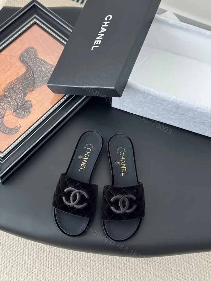 View 1 of Chanel Women Black Velvet Quilted Slides