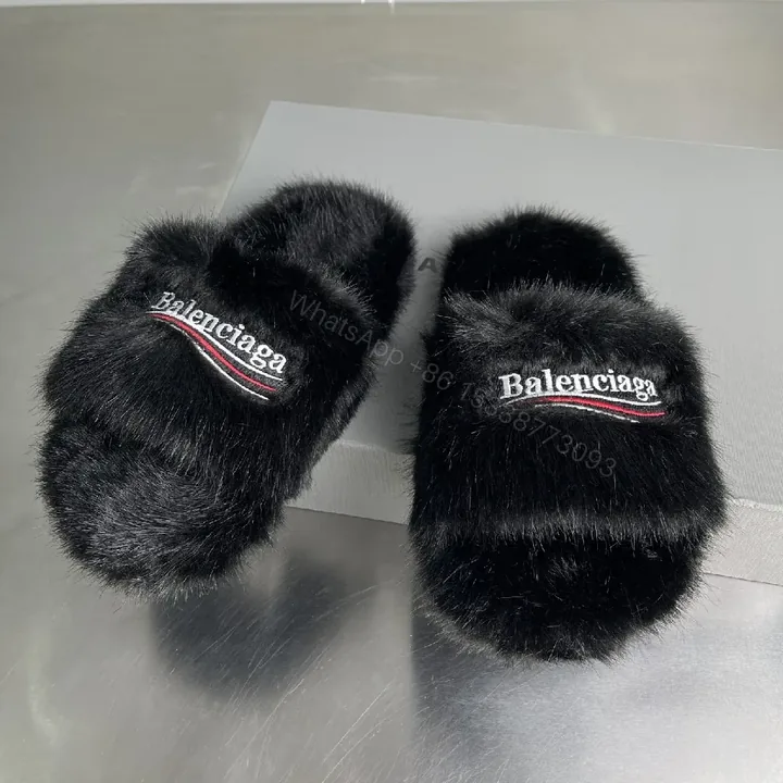 View 1 of Cozy Faux Fur Slippers – Luxury Embroidery, Open Slip-On Comfort