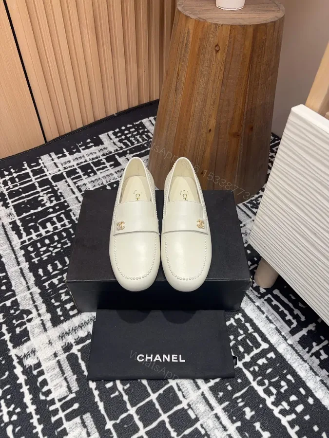 View 1 of Ivory Leather Loafers – Classic Gold Logo, Moccasin Toe