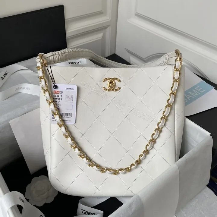 View 1 of Chanel Calfskin Hobo Bag White/Black