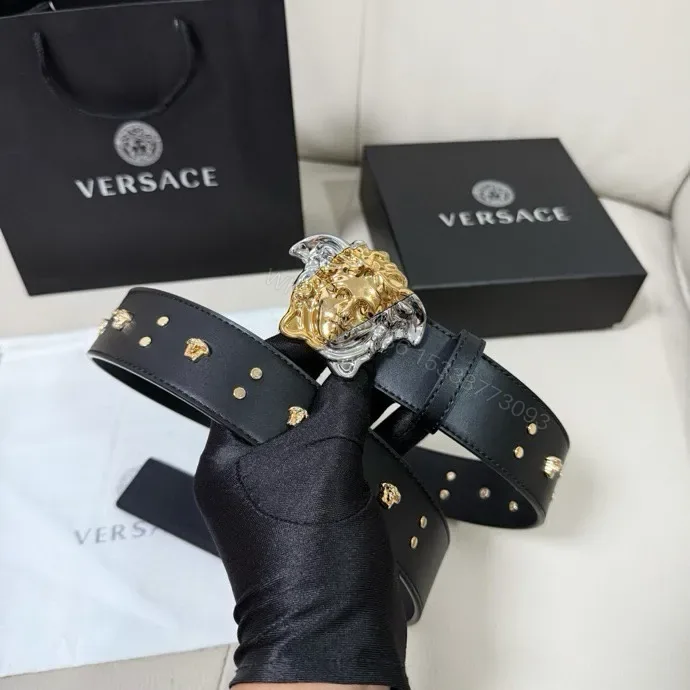 View 1 of Golden Medusa Buckle Belt — Black Leather, Two-Tone Luxury