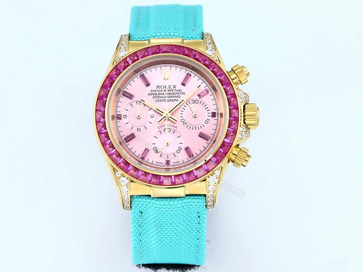 View 1 of Rolex Daytona Pink Ruby Replica 43MM Exclusive Turquoise Fabric Strap RG-ROLEX-DAYTONA-PINK-TURQUOISE-43