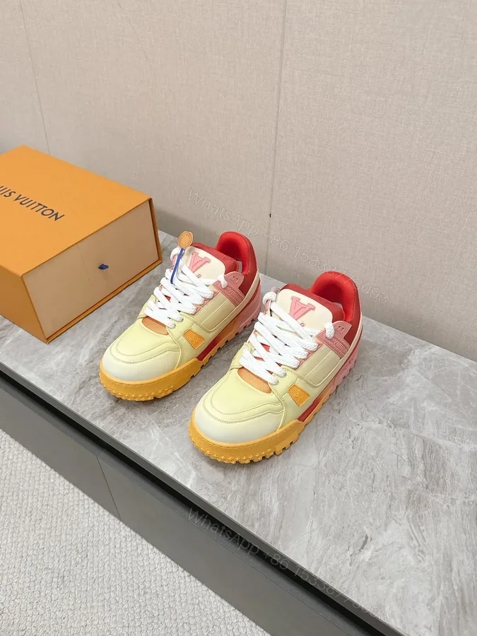 View 1 of LV Women Yellow Leather Orange Accent Sneakers