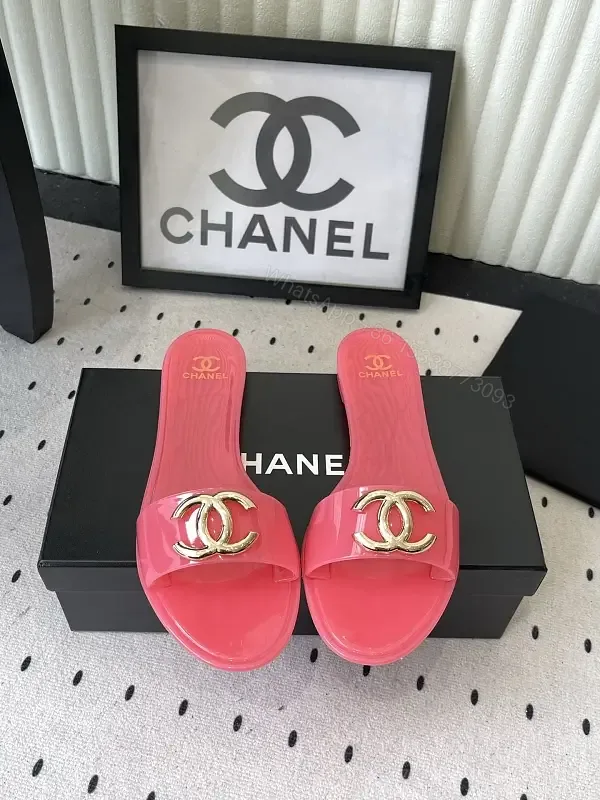 View 1 of Pink Plastic Slide Sandals Gold Logo Chanel Style Luxury Comfort Sandals