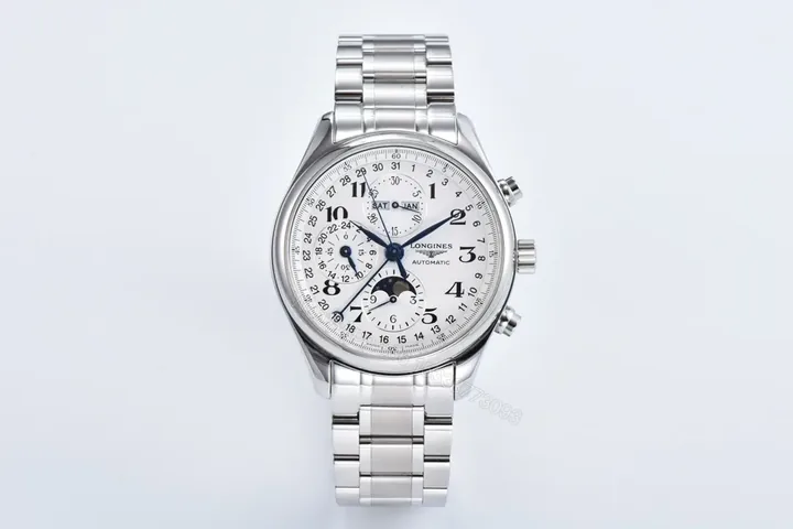 View 1 of Longines Master Collection Moonphase Chronograph Watch Silver Dial Stainless Steel Bracelet Classic Elegant Style