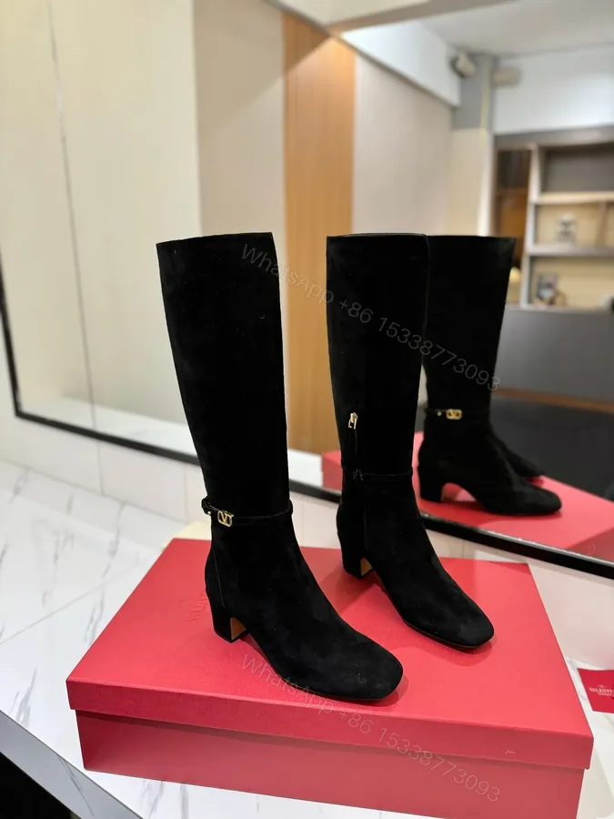 View 1 of Valentino Women Black Suede Mid Heel Boots