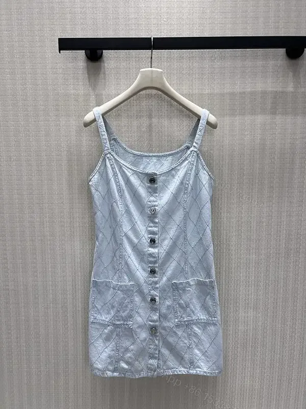 View 1 of Light blue quilted denim dress with diamond pattern, button-front, premium everyday luxury