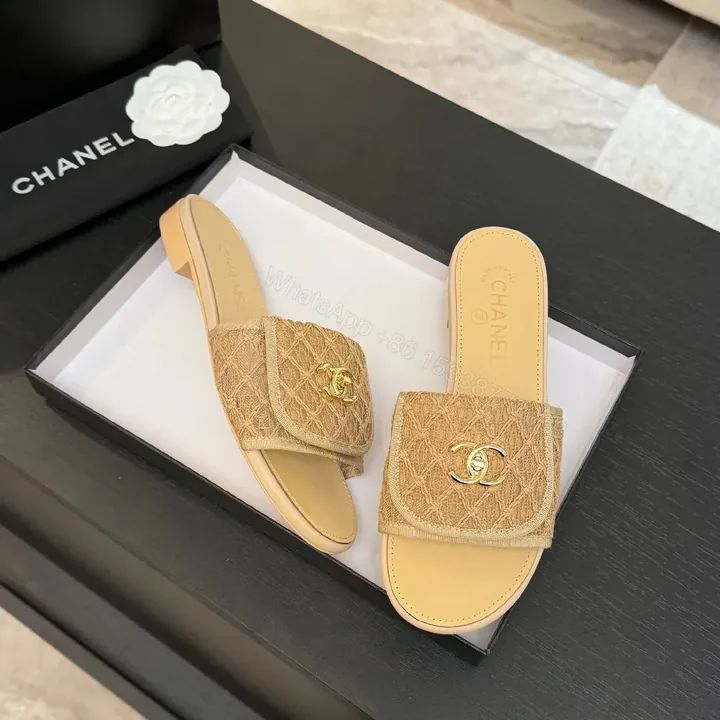 View 1 of Beige Textured Slides with Gold Logo Luxury Comfort