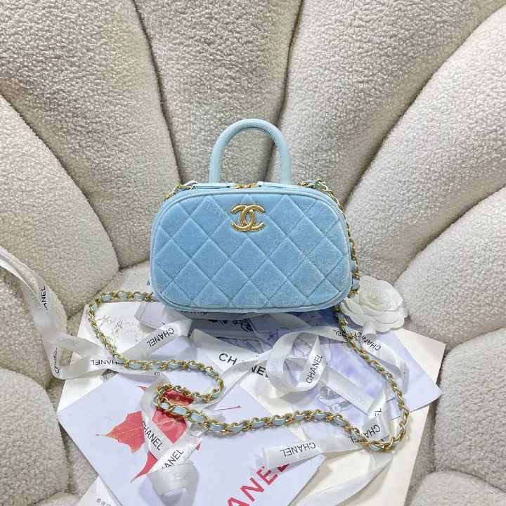 View 1 of Pastel Velvet Quilted Mini Bag with Gold Chain Short Crossbody Bag