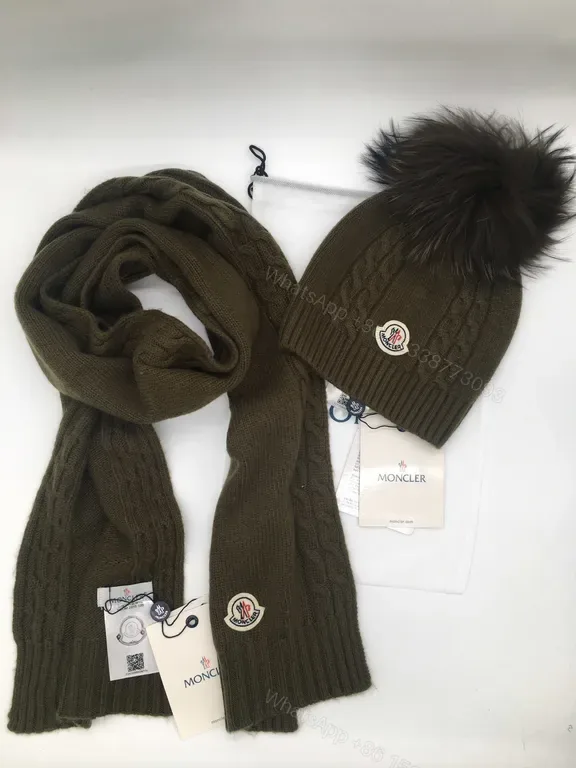View 1 of Moncler Olive Knit Scarf & Beanie Set â€“ Premium Cable Knit with Faux Fur Pom