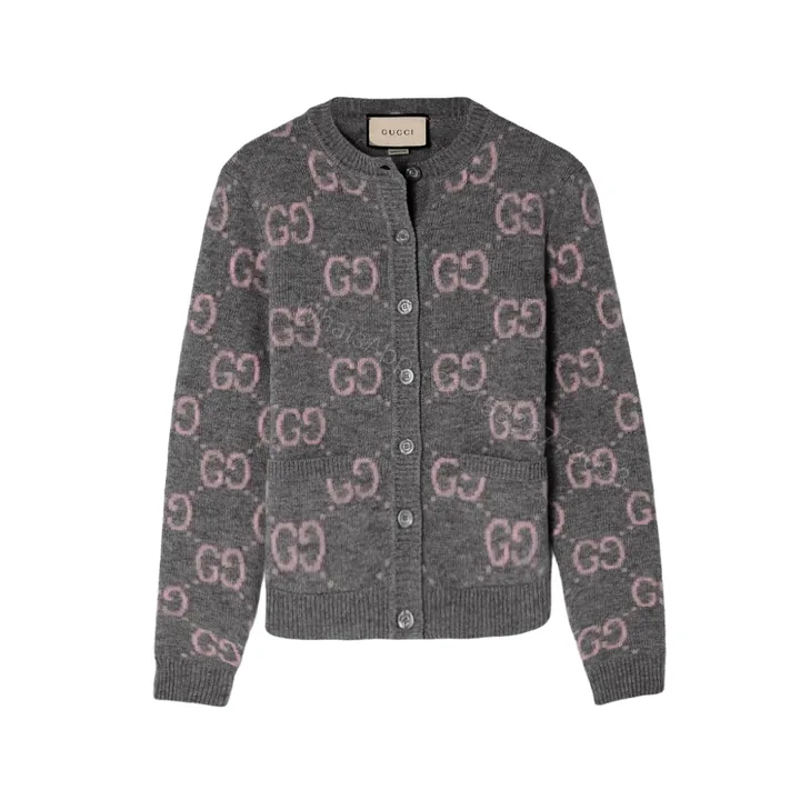 View 1 of Gucci Gg Monogram Knit Cardigan In Grey With Pink