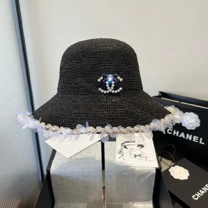View 1 of Black Straw Hat with Pearl Logo and Crystal Trim