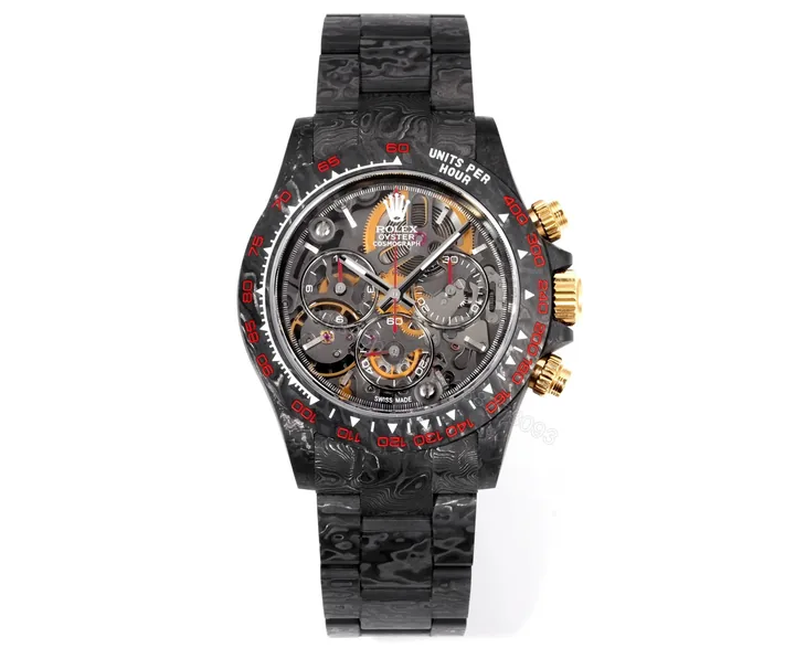 View 1 of Rolex Daytona DiW Carbon Skeleton Red Accents Replica Watch 116500LN-RED