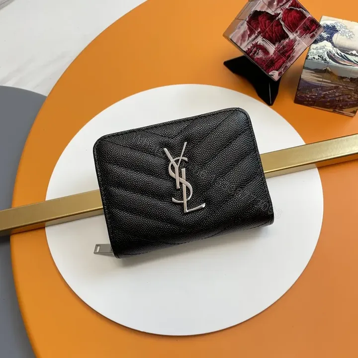 View 1 of Quilted Luxe Wallet with YSL Emblem - Compact Elegance