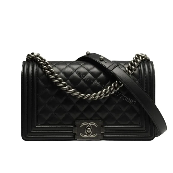 View 1 of Chanel Boy Medium Handbag Black Sliver Hardware 25Cm