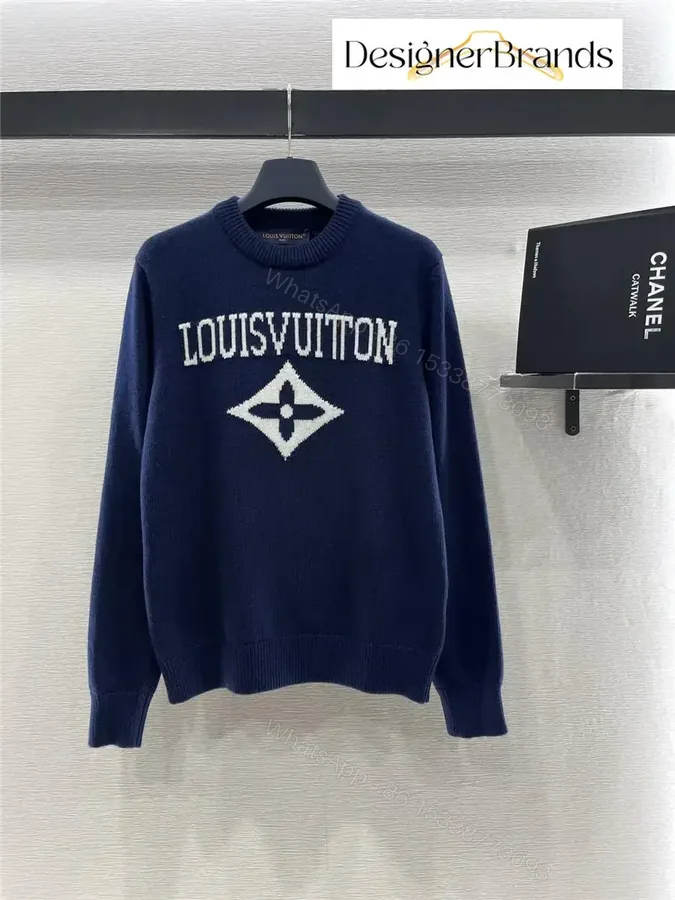 View 1 of Lux Navy Knit Crewneck with Bold Logo — Luxury Streetwear Sweater