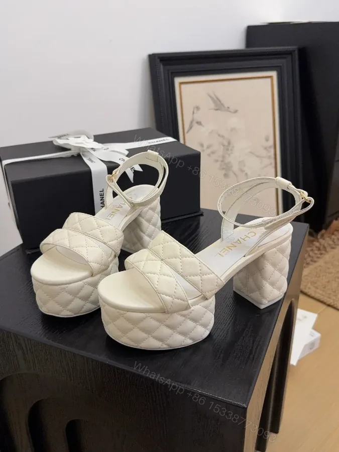 View 1 of Quilted Platform Sandals – Ivory, Gold Hardware, Comfortable Elevation