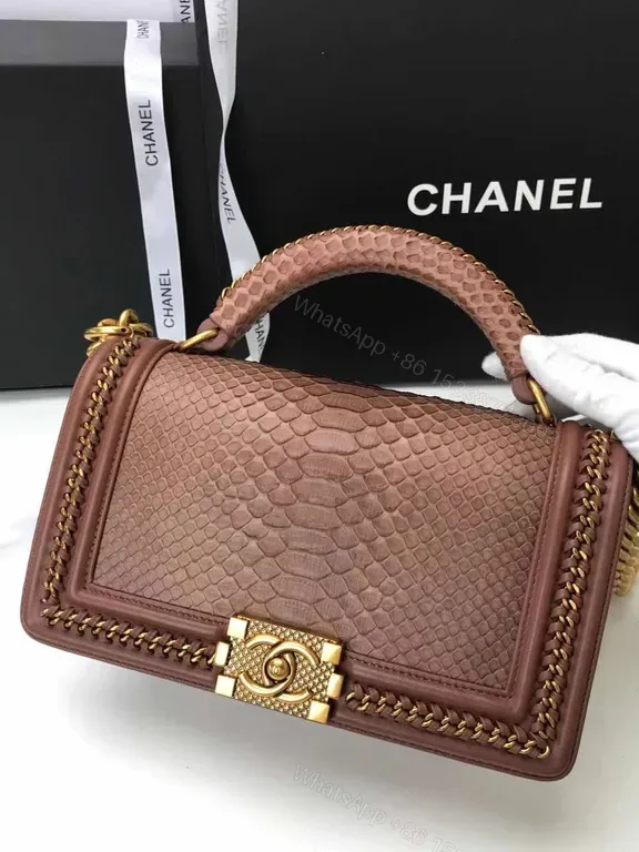 View 1 of Python Leather Chanel-Inspired Handbag: Rich Texture, Gold Clasp