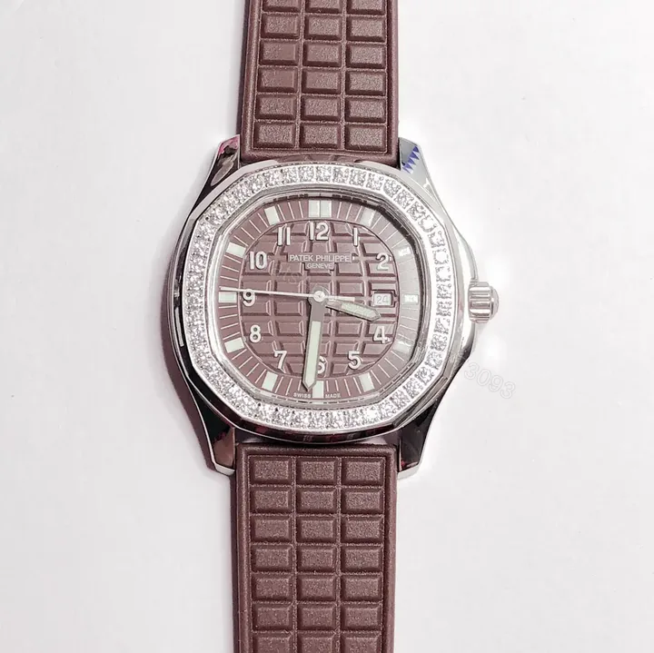 View 1 of Patek Philippe Aquanaut Series Rose Gold Mechanical Women’s Watch with Swarovski Crystals and Brown Rubber Strap